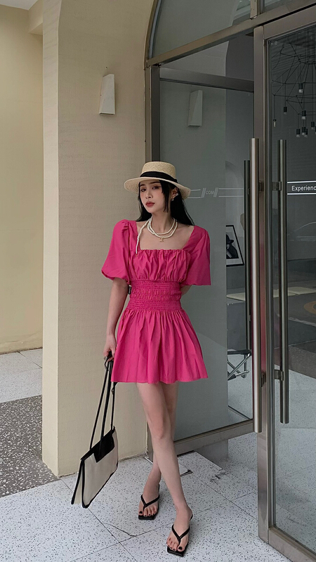 [ID] Korean style lace up puff sleeve solid dress 9393\lsl