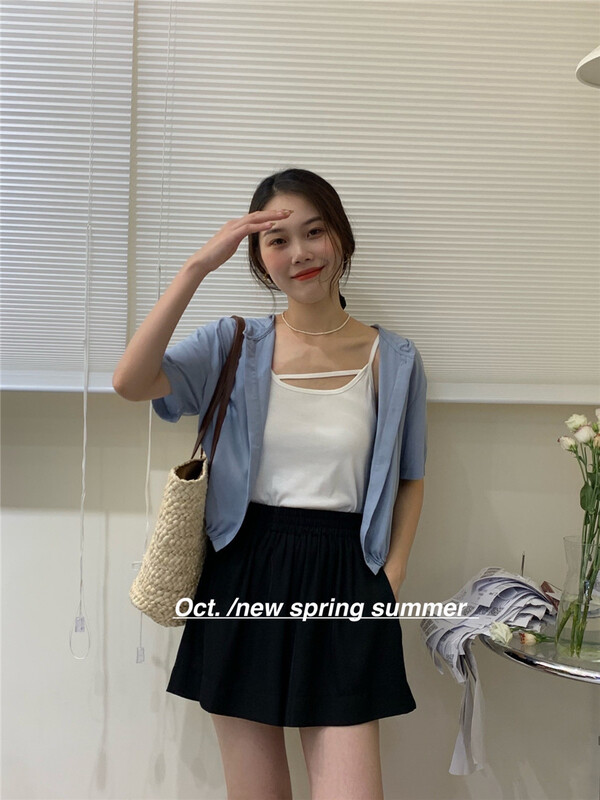 [OCT] casual simple Vest + hooded breasted short sleeved sunscreen shirt set 8220\hjy