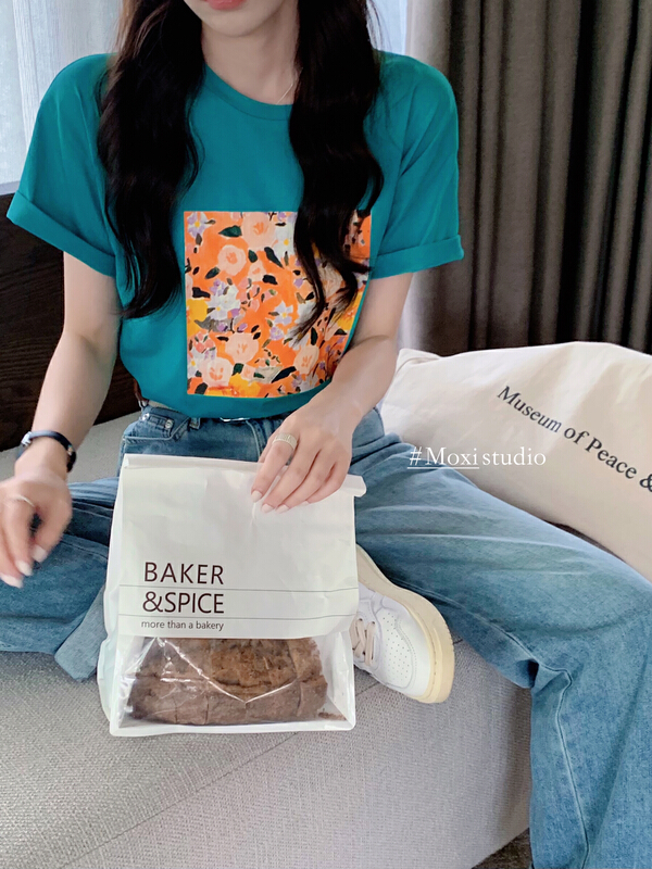 [Moxi] Korean printed casual round neck short sleeve T-shirt 1878\xj