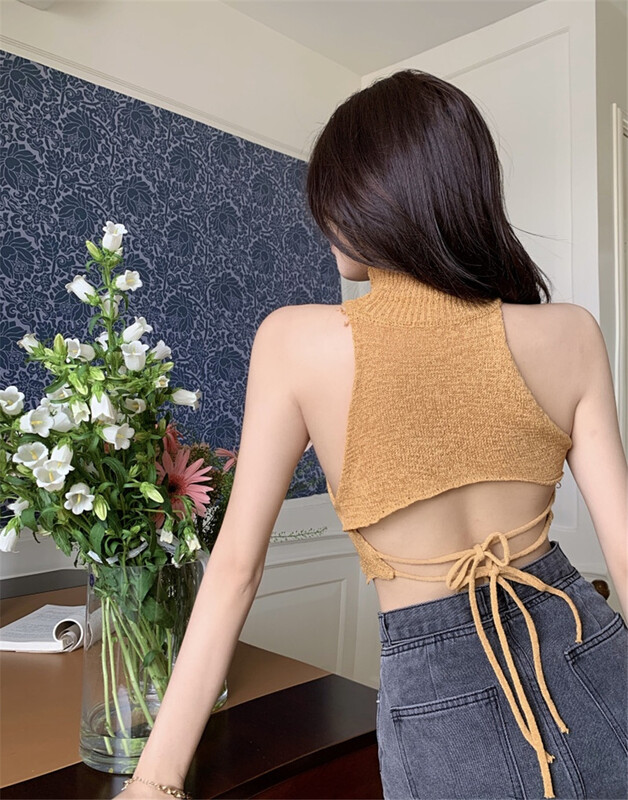 [d.ffstudio] knitted short back lace up vest / sling ys1-1259\wtt