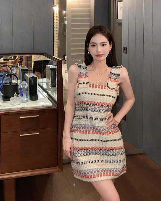 [x · h studio] small fragrance stripe suspender design sense of minority sweet temperament thin dress 9762\ozq
