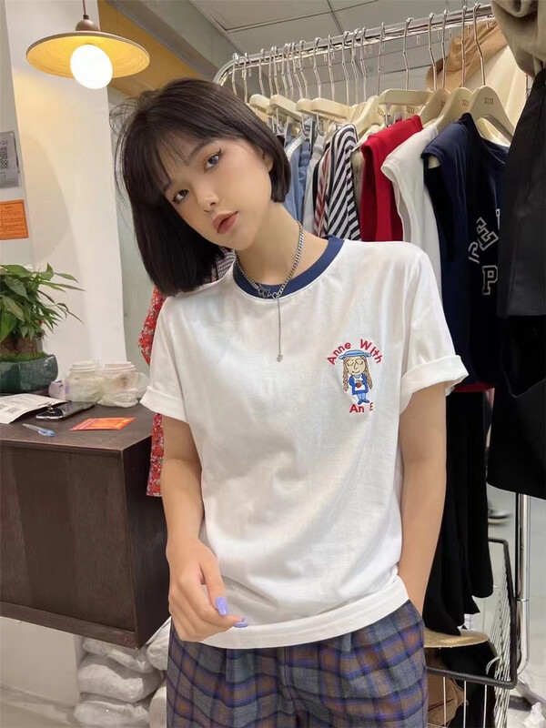 [Naikan Nik] cartoon printed color contrast round neck short sleeve T-shirt 9751\gyj