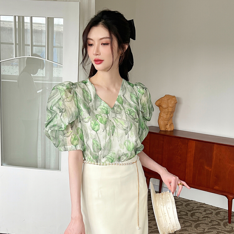 [Hanna inclusive] temperament printing texture bubble sleeve cover shirt m10173\jhy