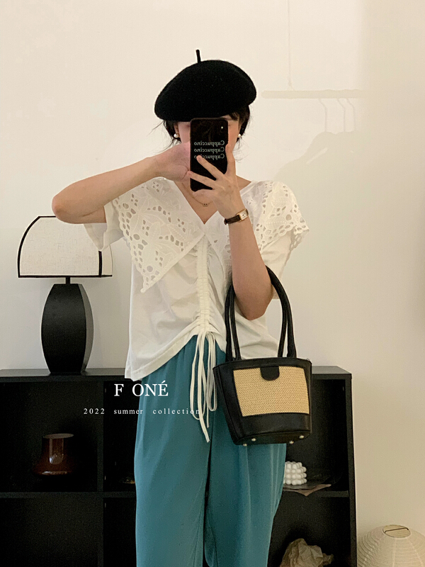[f one] temperament V-neck lace drawstring shirt 66250\wpl