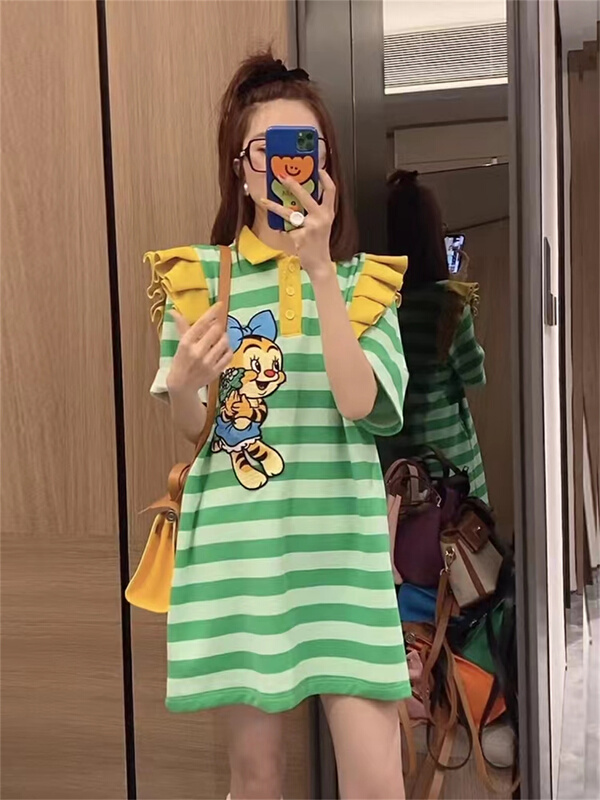 [al] casual polo collar stripe cartoon print dress 6605\wpl