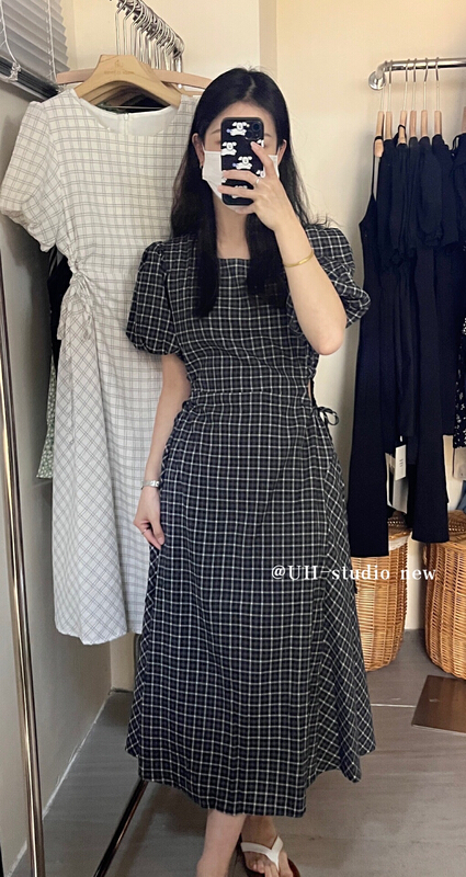 [uh] Korean Plaid bubble sleeve slim dress 7819\hjy