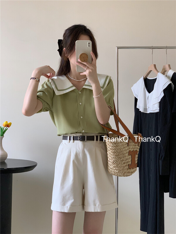 [thankq] fresh and simple color contrast large lapel short sleeve shirt 6925\zjy
