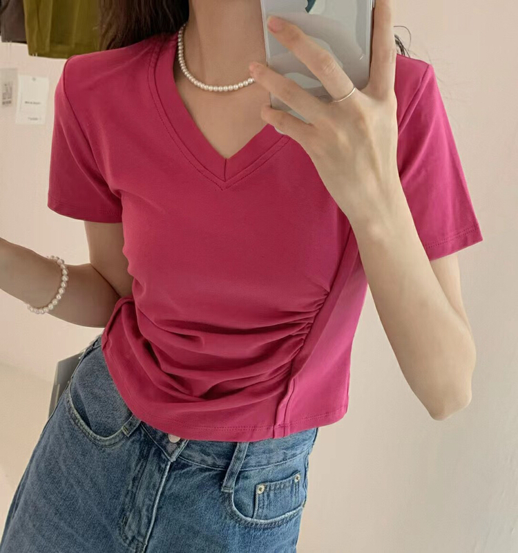 [Yuanxi] versatile pleated V-neck short sleeve T-shirt ys5-3065\lsl