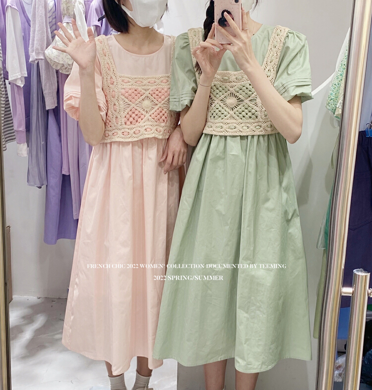 In early summer! [teem ing] woven Crochet Vest + medium length net color dress set 22t153\hjy