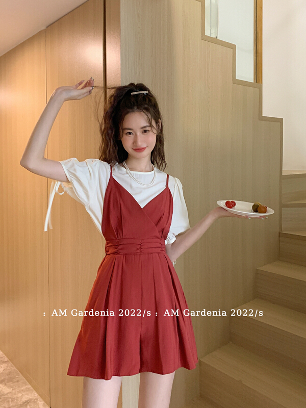 [am Gardenia] Korean Tencel Bubble Sleeve Chiffon shirt + French suspender Romper set 3653\zxx