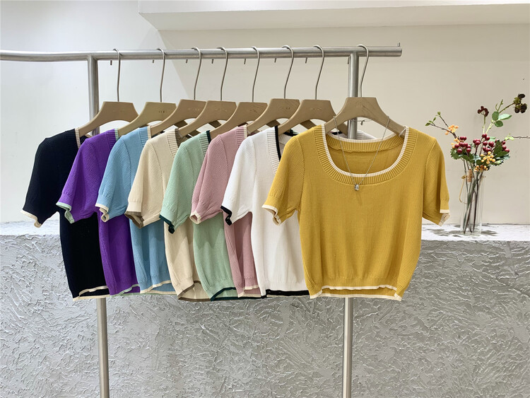 [Weika] French U-neck contrast short sleeve T-shirt 8258\lwy