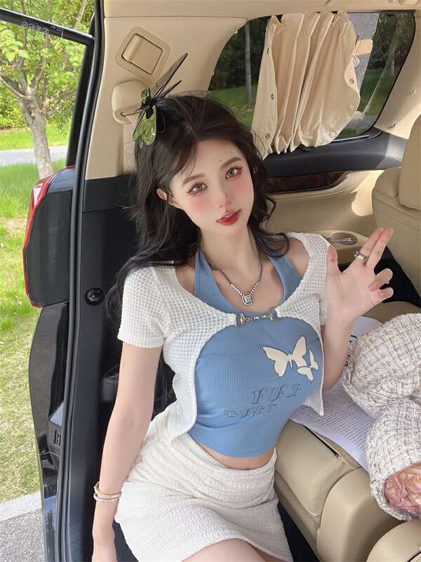 [fan fan] fashionable port style Halter Top + short sleeved blouse set 0033\jj