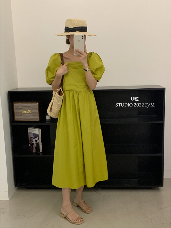 [U grain] Korean solid color square neck waist closing bubble sleeve dress ys1-6266\hbx