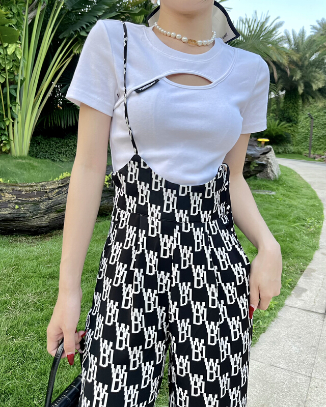 [woshang] niche design hollow out short sleeve T-shirt a-256\xyj