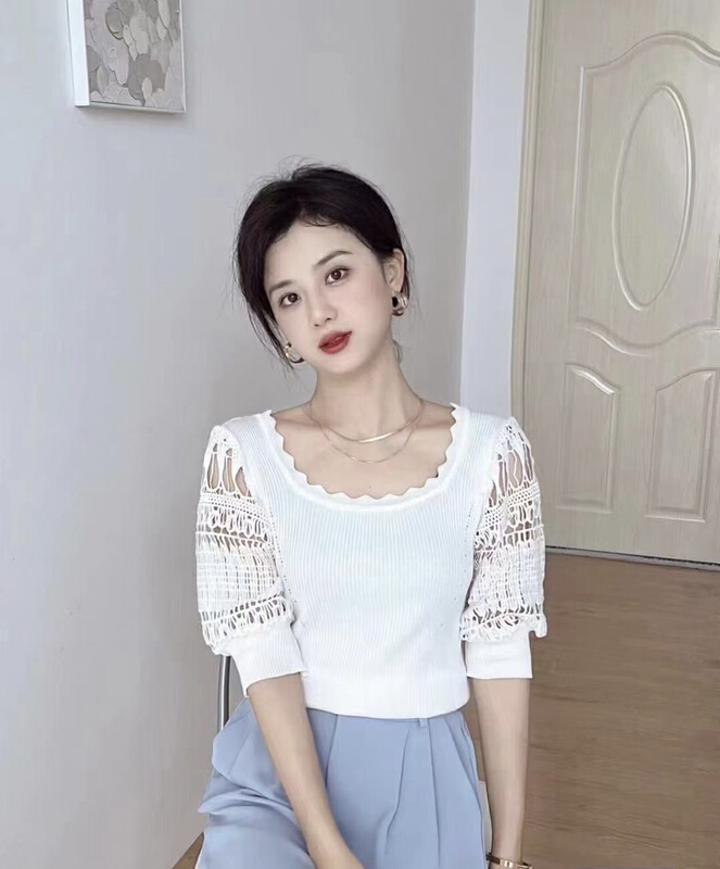 [f · P] sweet girl style Square Neck Lace stitched hollow out T-shirt 78035\hbx