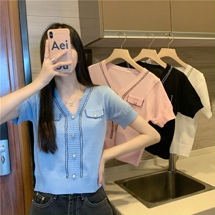 [f · P] V-neck single breasted fashion color contrast T-shirt 10051\hbx