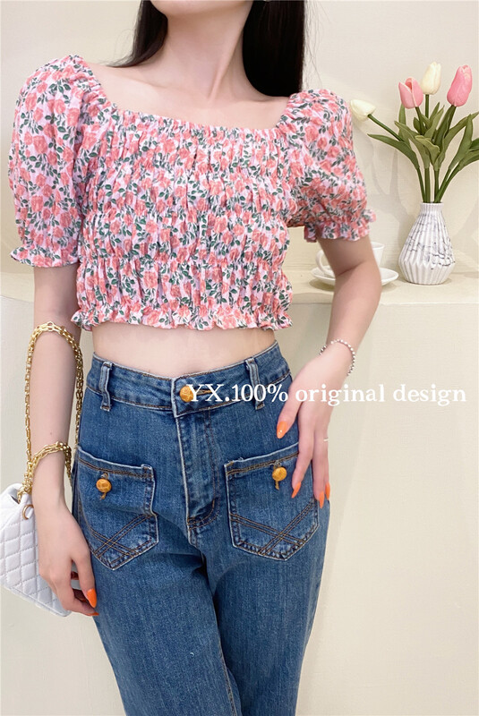 [YX] little woman's one shoulder floral short shirt 5359\zjy