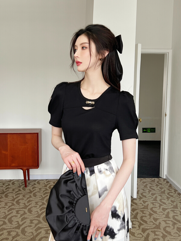 [Hanna inclusive] temperament round neck bubble sleeve 2022 summer new golden pearl pan mouth short sleeve T-shirt m10129\jhy