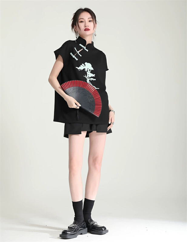 [AC] Chinese stand collar classic cheongsam button printed short sleeve T-shirt 7043\jj