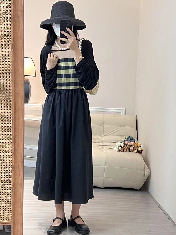[Zoe Zoe] Korean strap Plaid patchwork dress (excluding CAPE) c1168\zjy