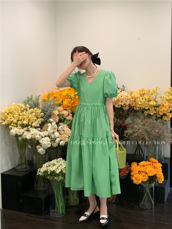 Five colors! [dvz] Korean V-neck bubble sleeve drawstring dress ys1-6325\zxx