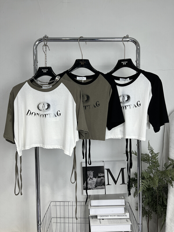 [fan fan] color blocking back belt letter short short sleeve T-shirt 0012\jj