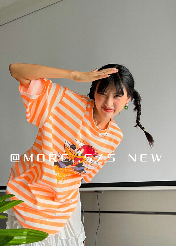 [more] cartoon print stripe versatile short sleeve T-shirt t88173\ozq