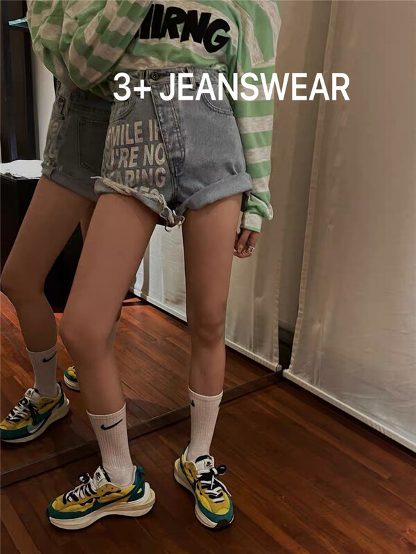 [3 +] casual perforated letter printed denim shorts 6213\ozq