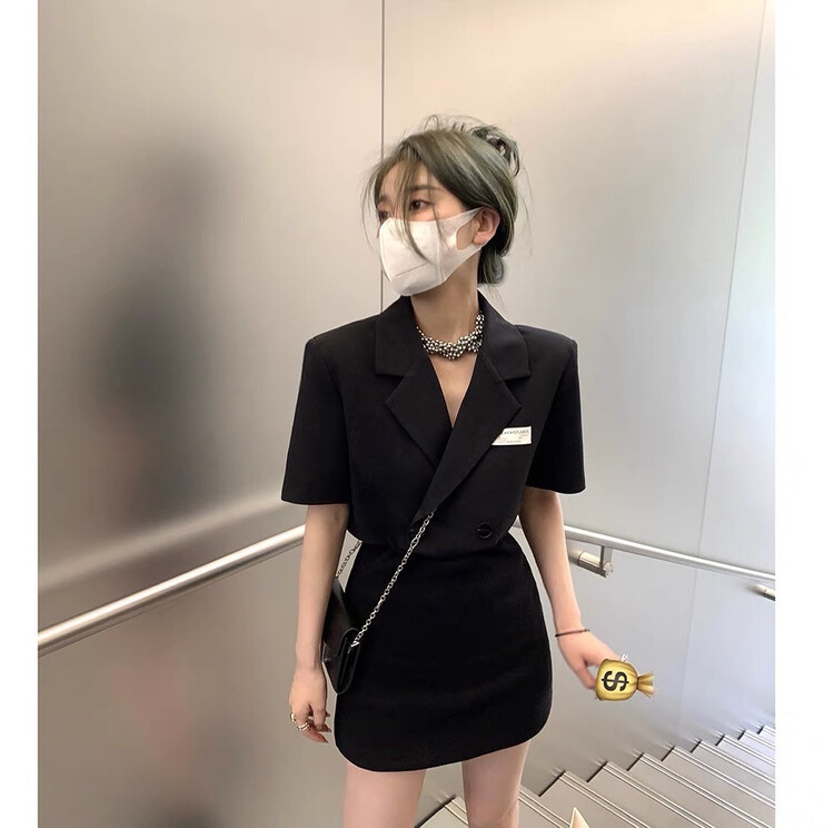 [Linna] Lapel temperament double breasted short suit + clear color skirt suit 1557\zxx