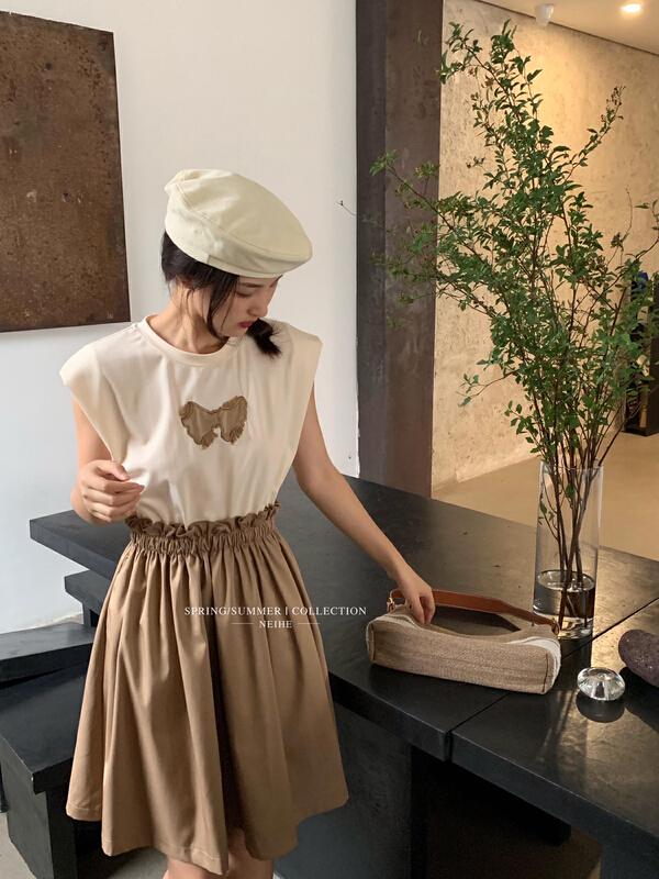 [neihe] Korean patchwork pleated sleeveless dress 11572\zxx