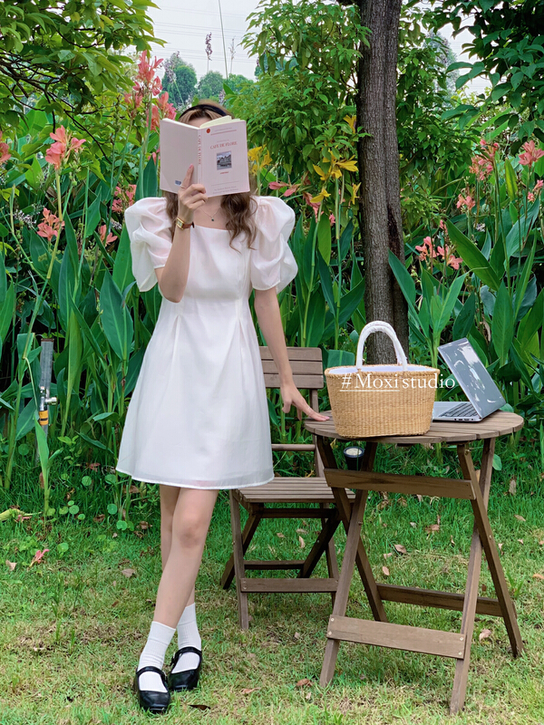 [Moxi] Korean simple bubble sleeve slim dress (only dress) 6834\xj