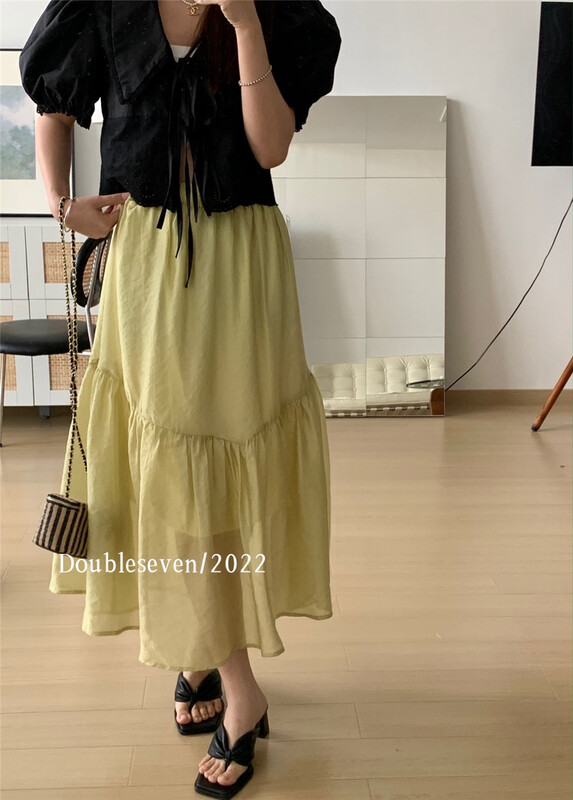 Five colors! [double seven] elastic waist versatile large swing mid length skirt 29030\zxx
