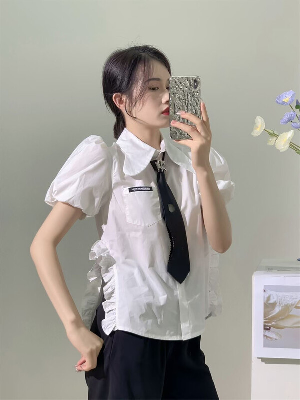 [dawg king] short sleeve button up solid shirt (with tie) d9530\wtt