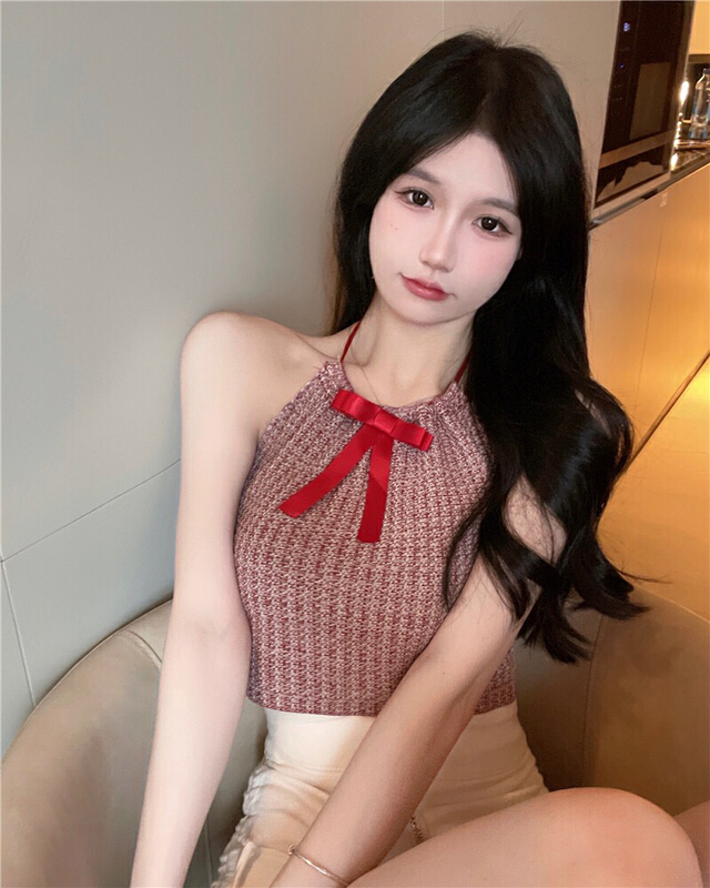 [Doudou family] celebrity temperament retro bowknot woven neck vest / suspender (with Brooch) 88458\jj