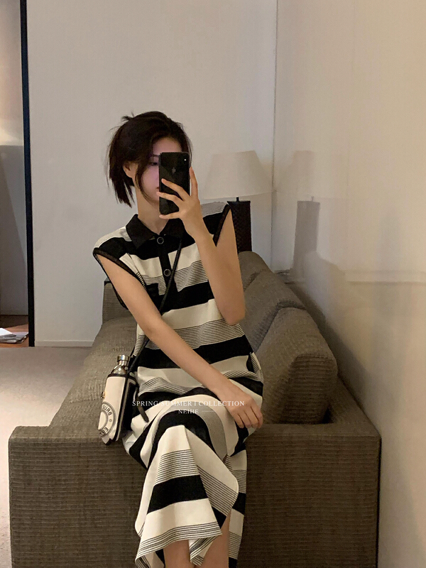 [neihe] fashion simple stripe Lapel sleeveless dress 22316\zxx