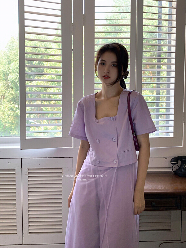 [neihe] French niche mesh splicing square neck long shirt 22293\zxx