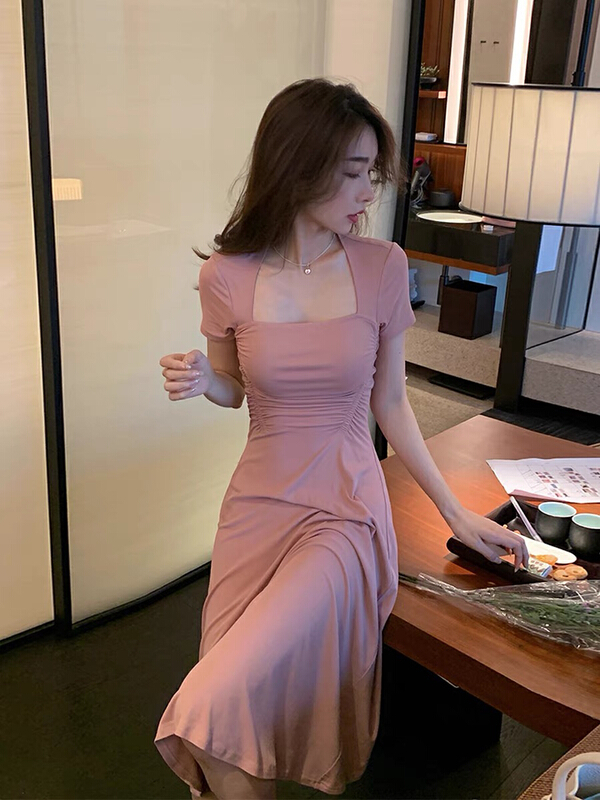 [Amanda] square neck temperament waist length dress 9669\pcz