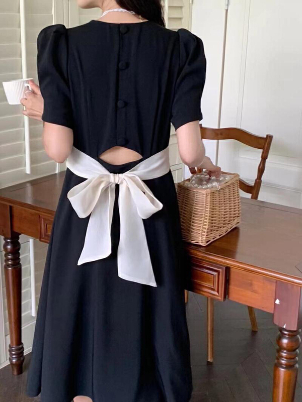 [Xiangli] French waist closed open back bow dress 8566\pcz
