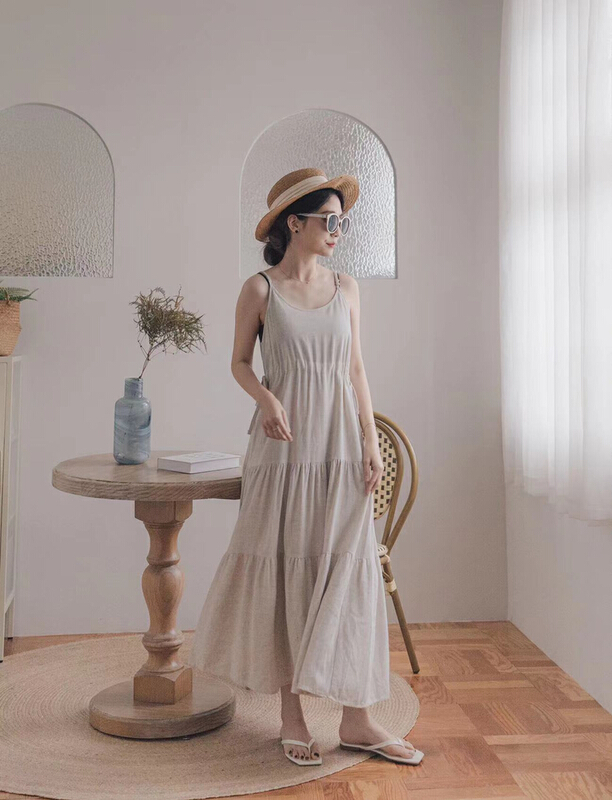 [Yulia] breathable and wrinkle resistant linen cotton suspender dress 2265\lsw