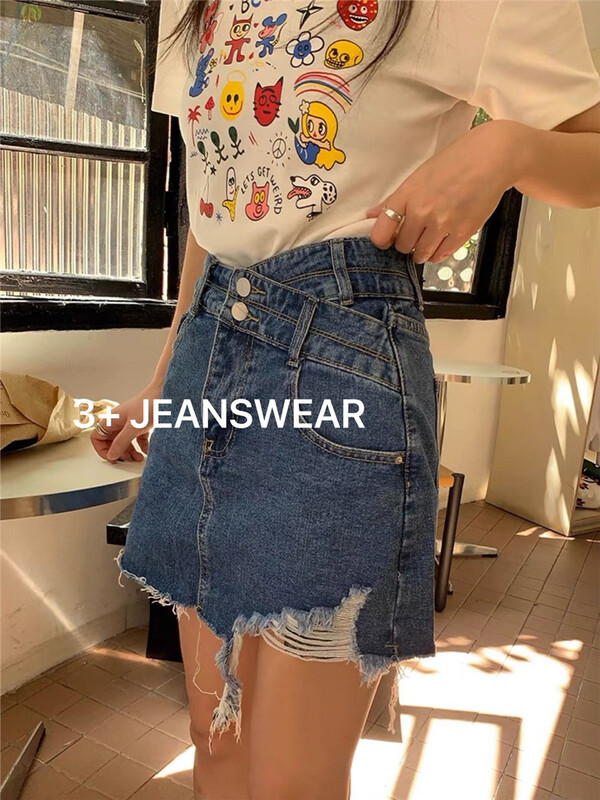 [3 +] Korean style pierced denim skirt 2063\ozq