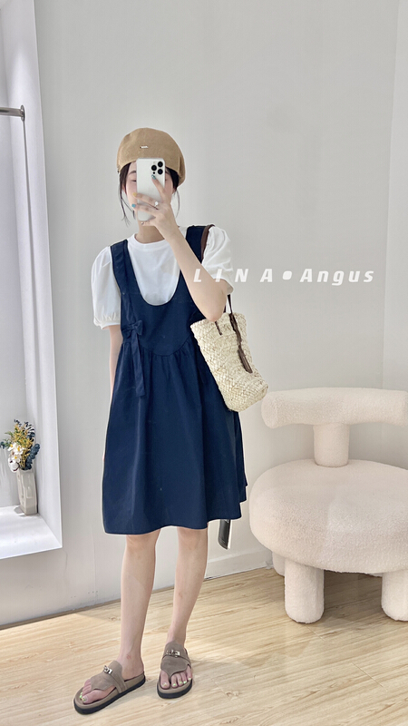 [Lina] solid color bubble sleeve short sleeve T-shirt + loose bow vest skirt two piece suit 0198\hjy