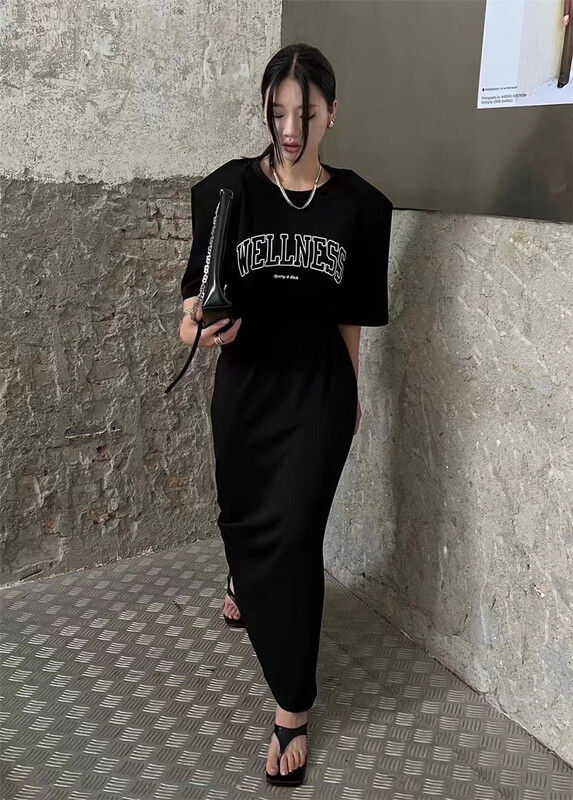[x.xan] Street trend letter shoulder pad short sleeve T-shirt + Hip Wrap long skirt set 7539\pcz