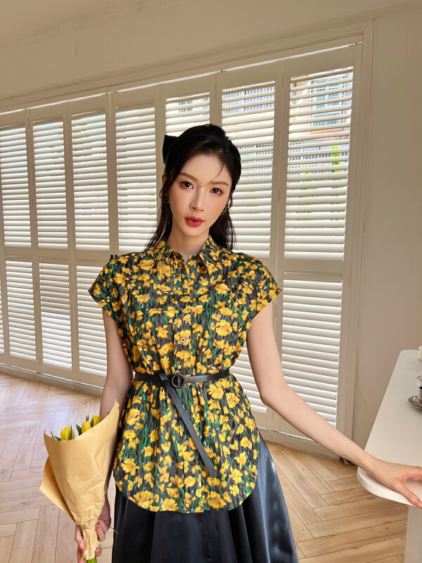[Hanna including that] trend Lapel print waist closed sleeveless shirt m10152\jhy