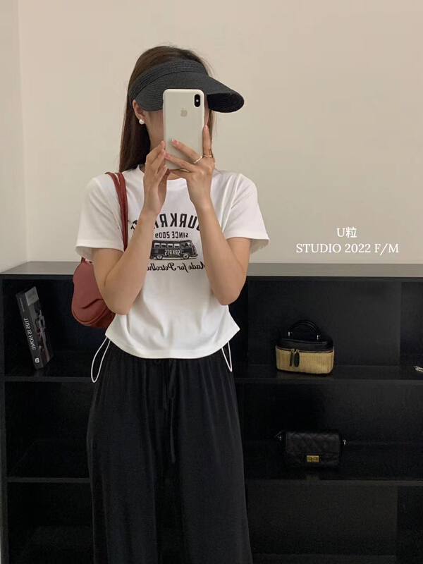 [U grain] Korean letter drawstring design Short Sleeve T-shirt 6137-1\hbx