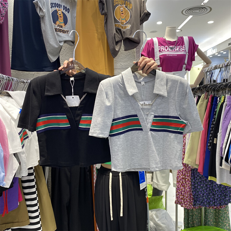 [al] simple and fashionable color blocking polo collar short sleeve shirt (chain can not be removed) 6385\wpl