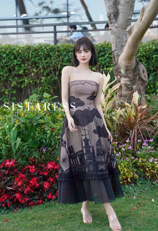 [Sistar] niche design heavy industry Castle embossed embroidery lace strapless dress 9253\jj