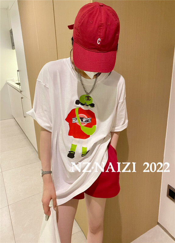 [Naizi] casual loose girl printed short sleeve T-shirt (without chain) 8129\ozq