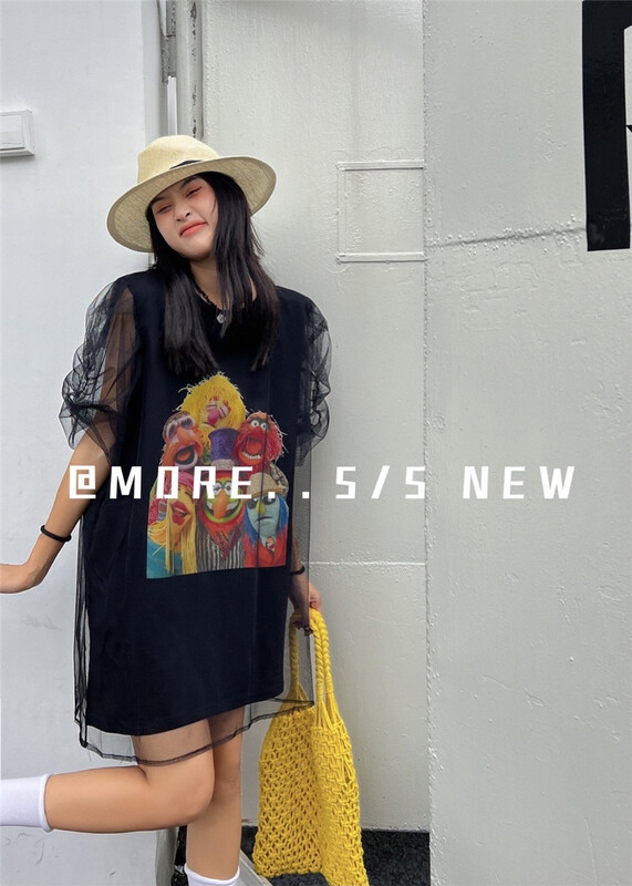 [more] niche design Sesame Street cartoon bubble sleeve mesh fake two short sleeve T-shirts 88183\ozq