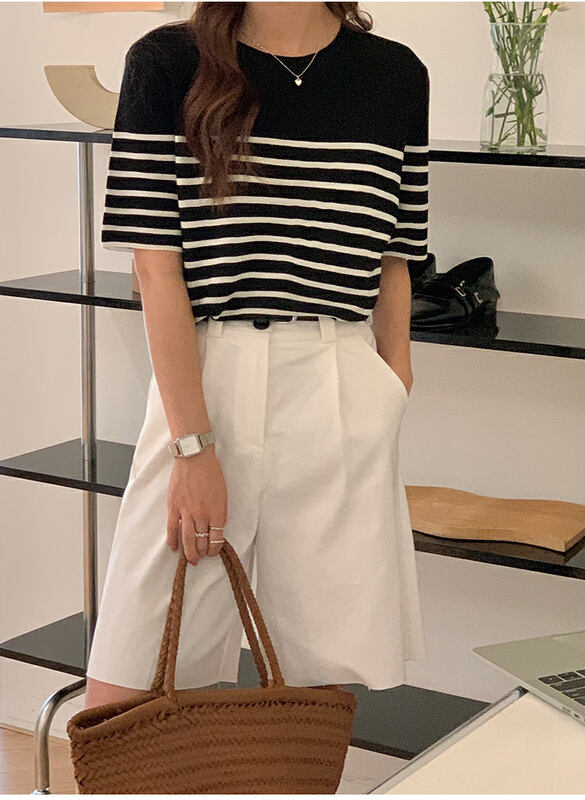 [the mind] round neck stripe short sleeve T-shirt 71057\jhy
