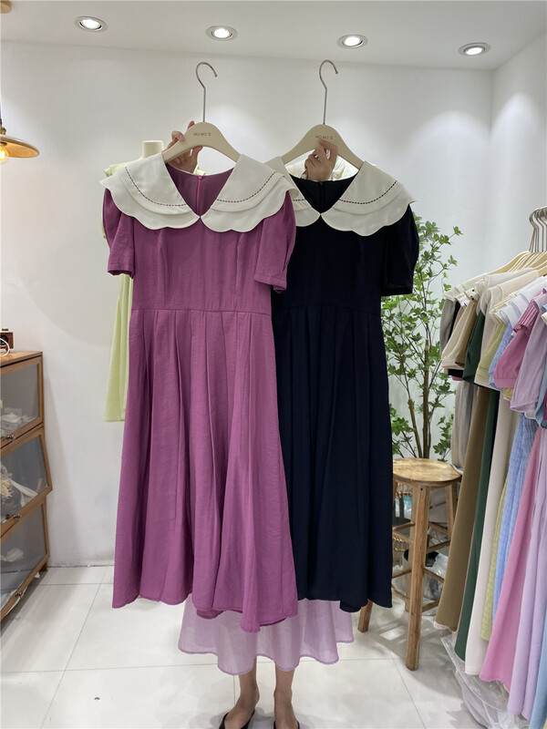 [sunny] Han Shu color blocked baby collar high waist dress 1991\hjy